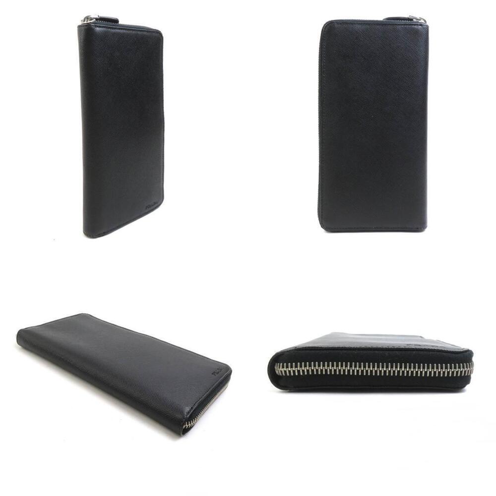 Prada Leather Wallet Round Zip Long Black